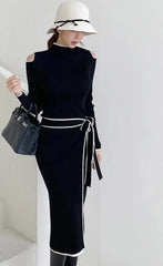 Autumn Elegant OL Lace up Strapless Elastic Knit Pullover Sweater Long Dress Black Sheath Pencil Knitted Dresses