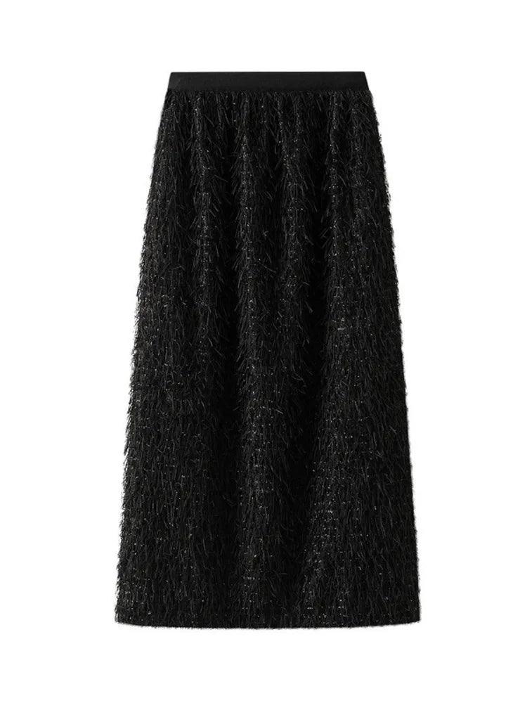 Elegant Feather Tassel Long Skirt for Women