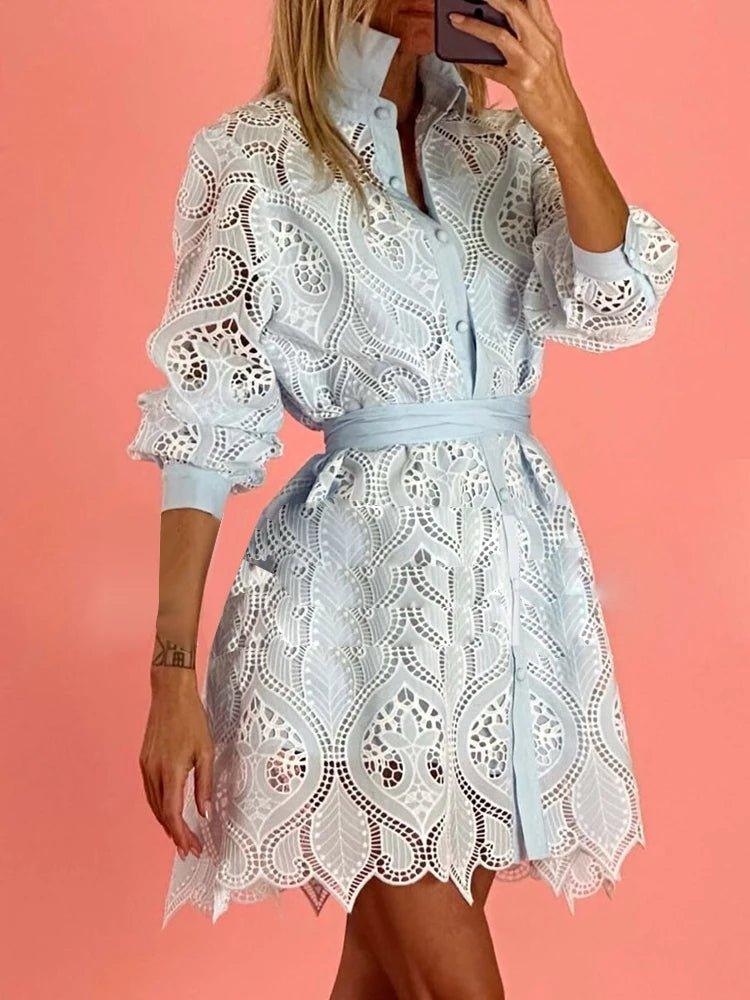 2024 Embroidered Elegance Hollow Out Mini Dress - Trendy Mix