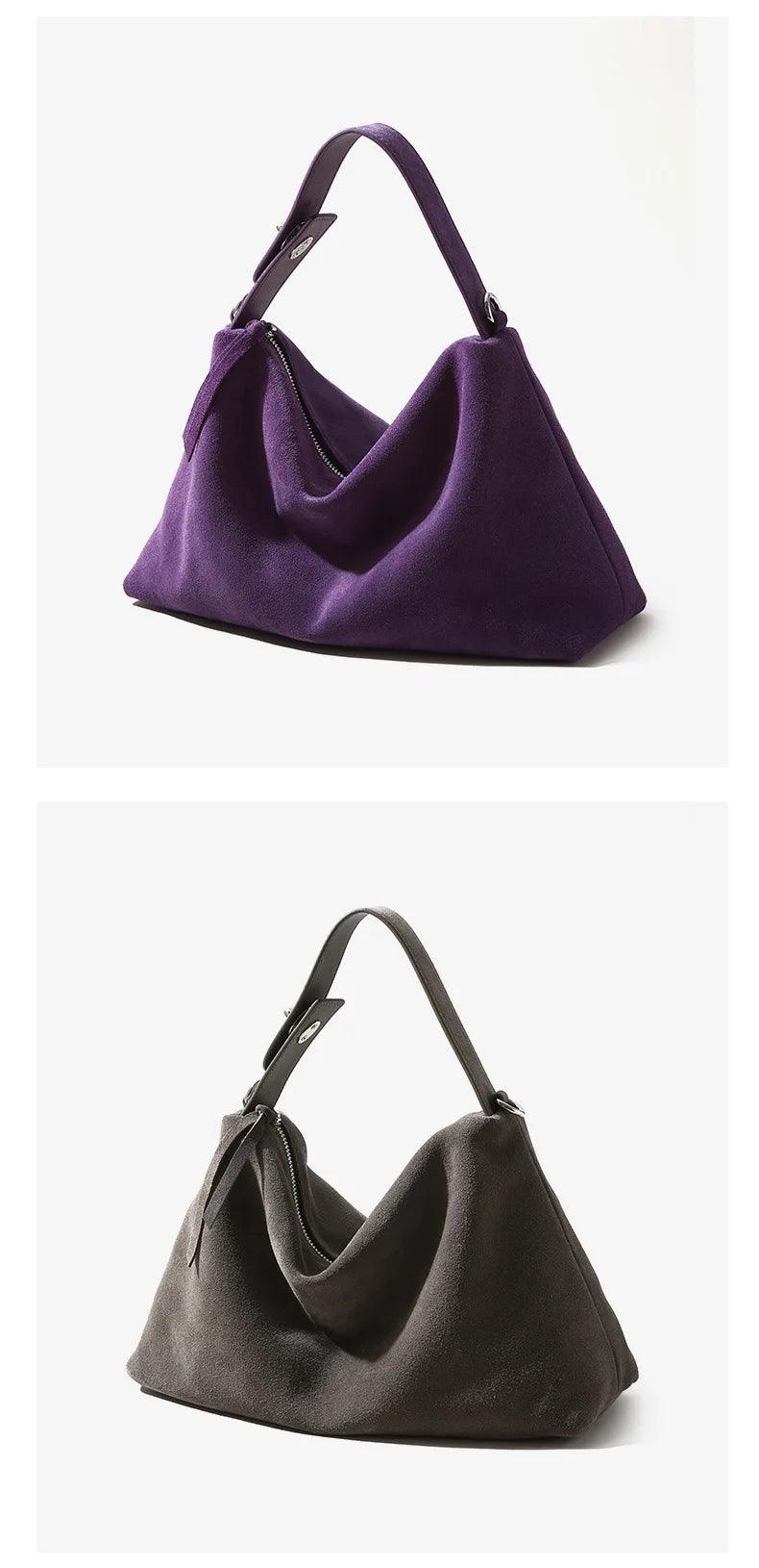 High-End Purple Suede Hobo Tote – Genuine Leather Shoulder & Crossbody Bag