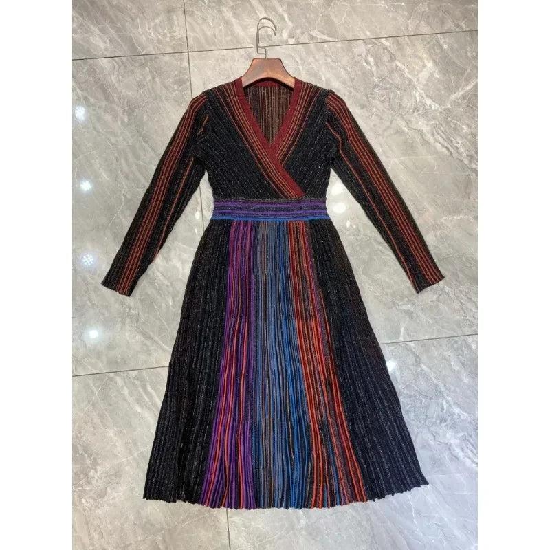 Women's Fashion Dress V-neck Long Sleeved Striped High Waisted Pleated Rainbow Casual Dress New for Autumn 2024 - Trendy Mix