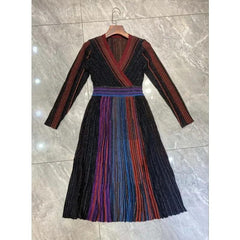 Women's Fashion Dress V-neck Long Sleeved Striped High Waisted Pleated Rainbow Casual Dress New for Autumn 2024 - Trendy Mix