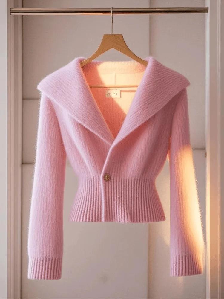 Pink Large Collar Slim Fit Knitted Sweater Jacket