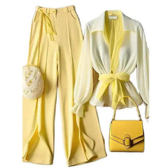 Yellow Tailored Trousers Loose Pants Suit Two Peice Vintage Sets - Trendy Mix