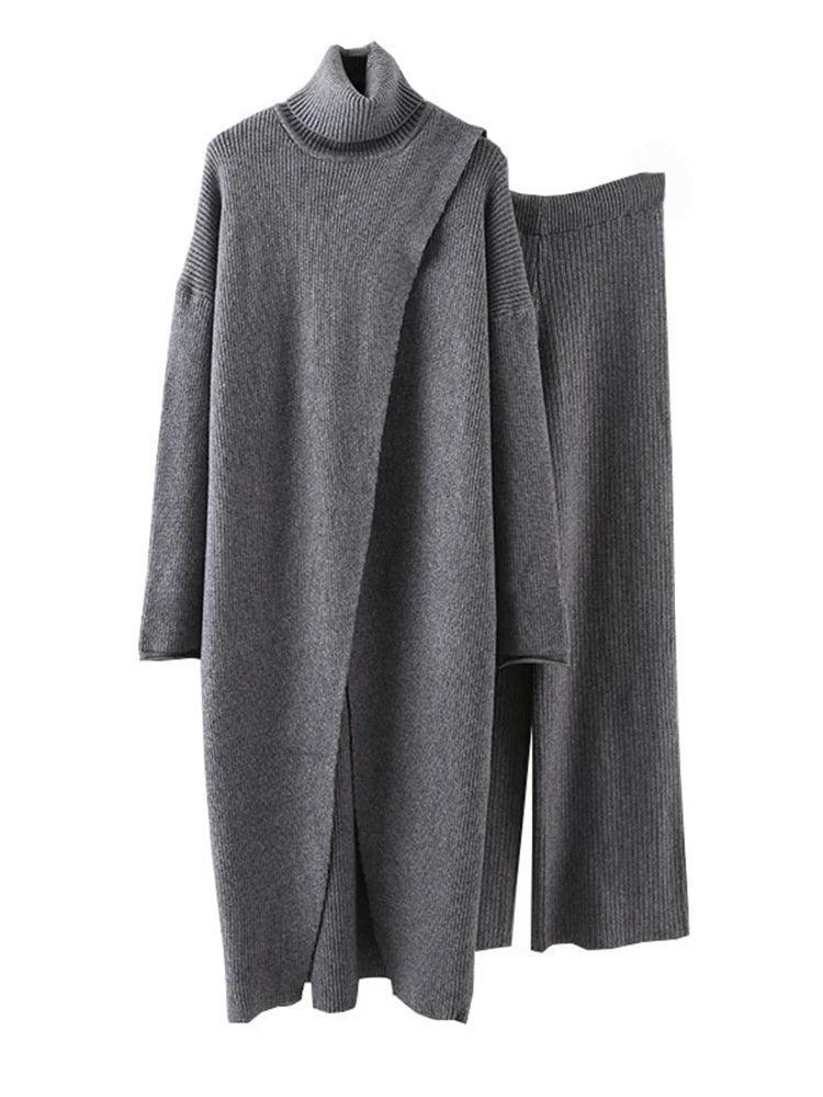Split Long High Neck Sweaters With Wide Leg Pants 2 Pieces Knitted Thickened Sets Female Loose Clothing Autumn - Trendy Mix