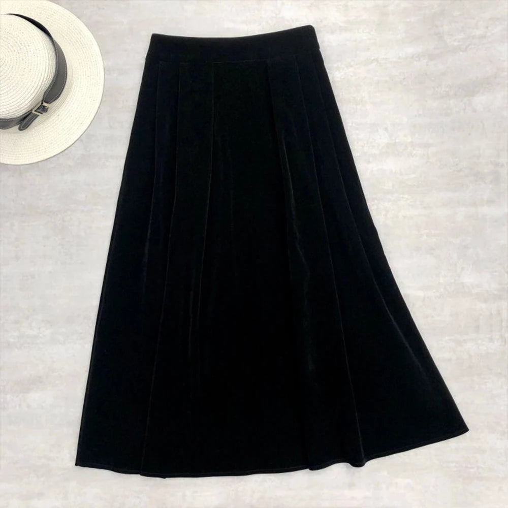 Korean Solid Color Velvet Skirts High Waist Women's Autumn Winter Skirts Pockets Side A Line Pleated Skirts