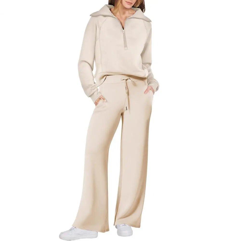 1Set Women Two - piece Suit Wide Leg Oversized Sweatshirt Pants Set Thick Loose Solid Color Tracksuit Set with Lapel Coat for Fall - Trendy Mix