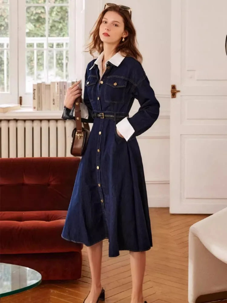 French Retro Blue Denim Lapel Dress