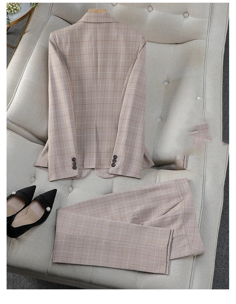 Elegant Office Suits for Women Long Sleeve Plaid Lapel Single Button Pockets Slim Pant New Pattern