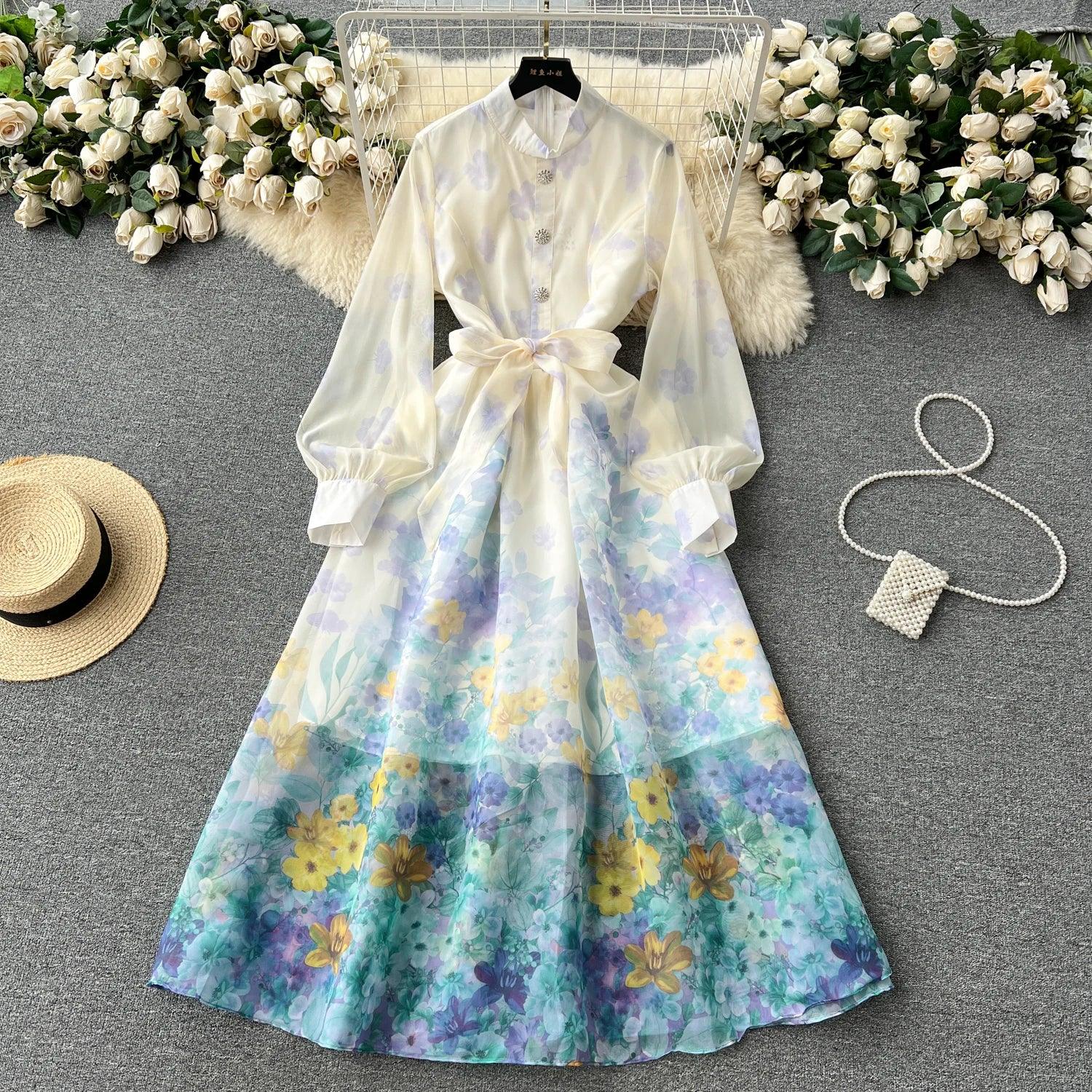 Retro Elegant Print Lace Up Dress A-line Long - Trendy Mix