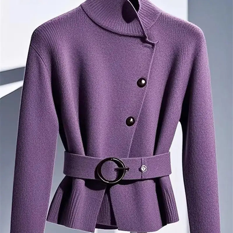 High End Turtleneck Wool Knit Sweater Cashmere Cardigan Soft Purple Knitwear Belt