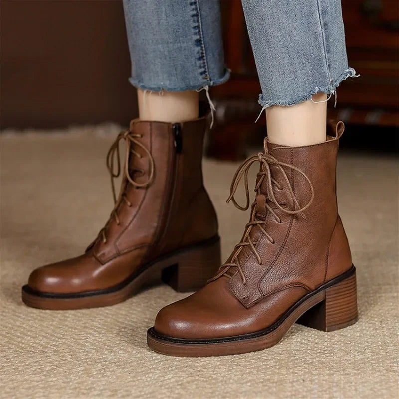 2024 Winter Genuine Leather Women Boots Round Toe Thick Heel Lace Up Fashion Ankle Boots Retro Boots  Platform Shoes Heels Grown