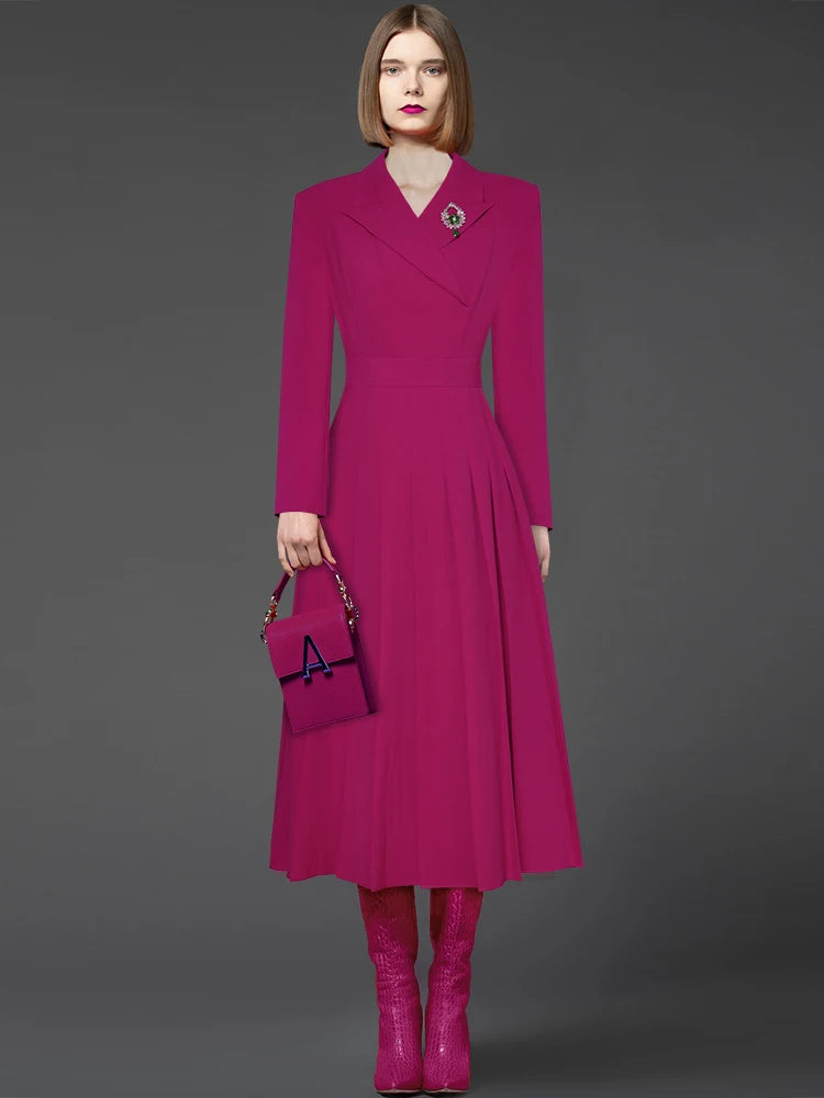 Fashion Designer dress Spring Autumn Women's Dress Long sleeve Brooch Solid color Pleats Dresses