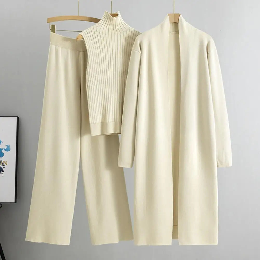 Elastic Waist Wide-leg Pants Suit Stylish Knitted Women's 3-piece Set Sleeveless Top Mid Length Cardigan Coat for Fall/winter