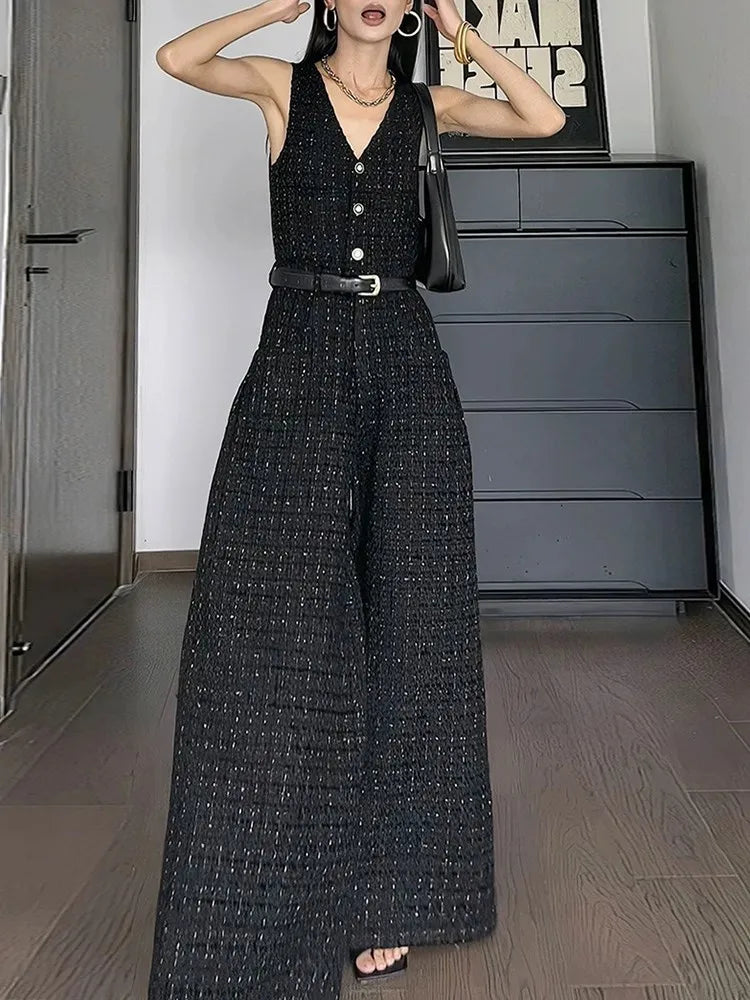 Casual Two Piece Set For Women Clothing Round Neck Coat V Neck Sleeveless High Waist Jumpsuit Chic Sets Female Fashion New