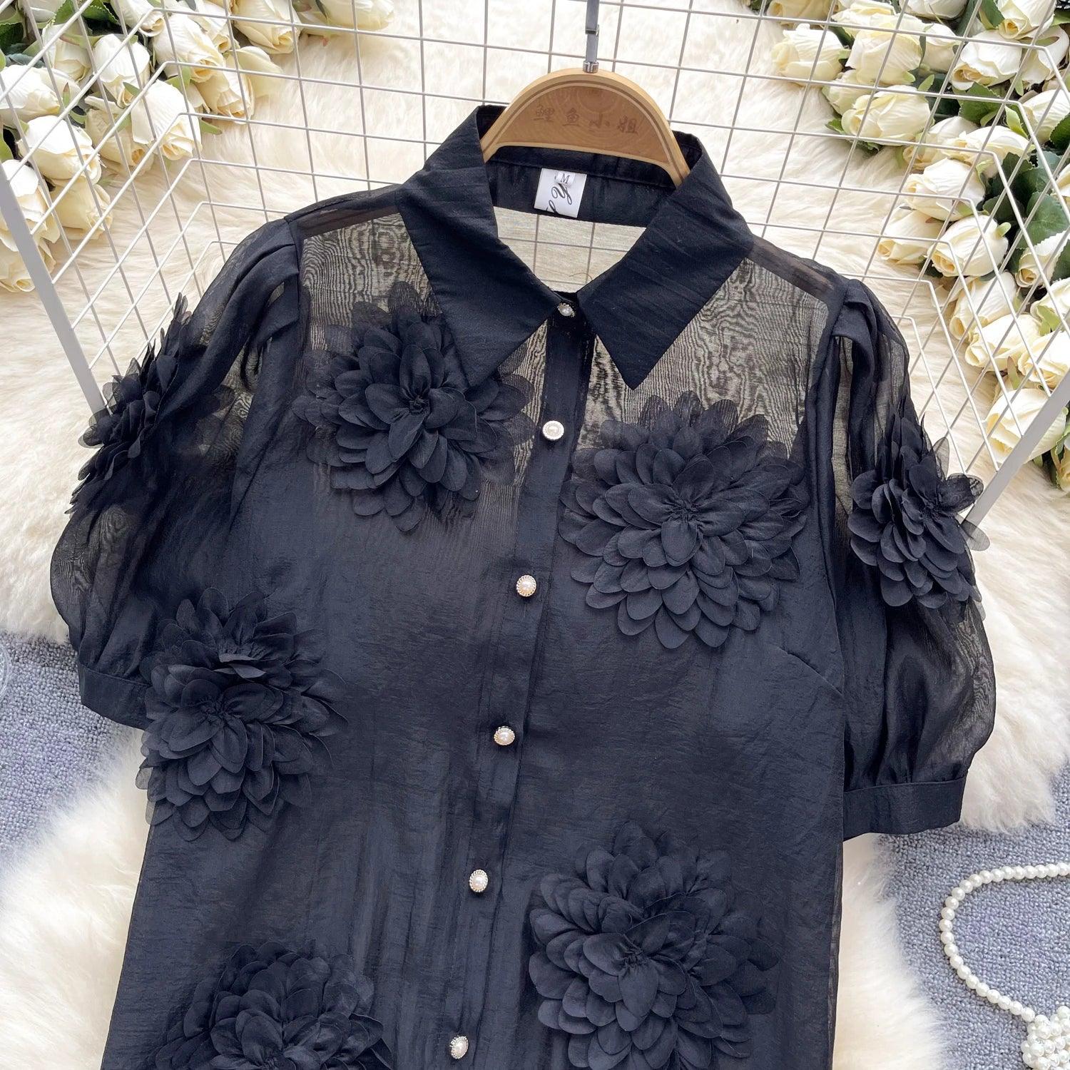 2024 French Chic 3D Flower Blouse - Trendy Mix