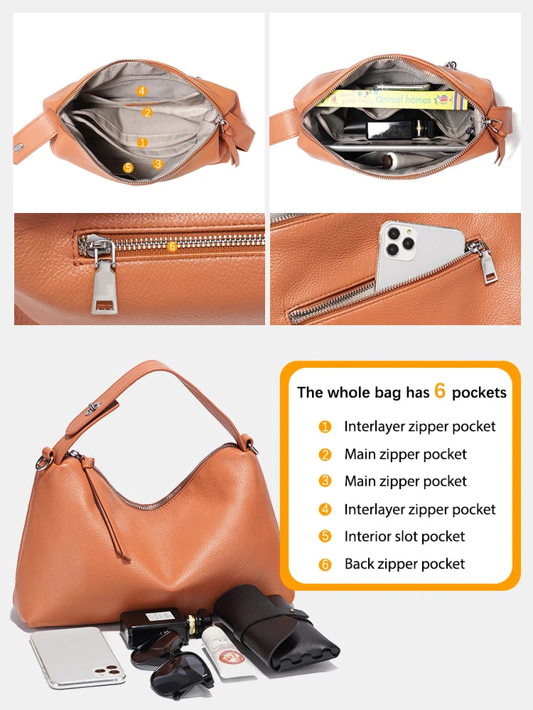 Elegant Genuine Leather Hobo Satchel Bag - Trendy Mix