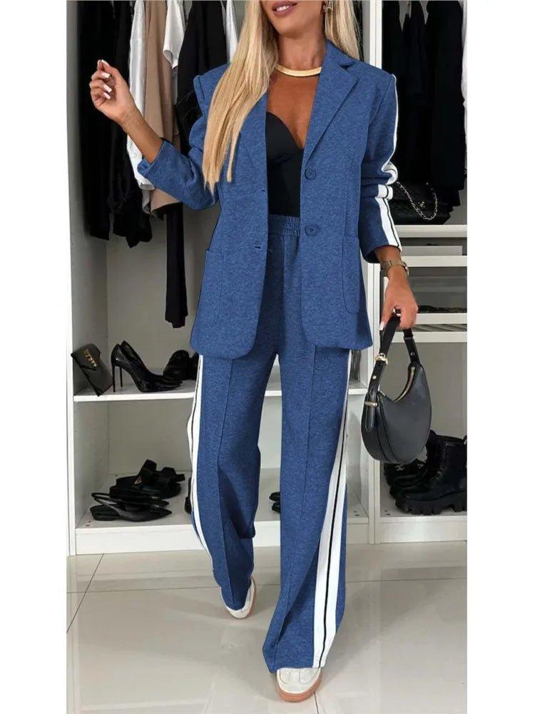 2 Piece Set Women Outfit Winter Fall Fashion V - neck Long Sleeve Blazer Coat Elegant Straight Leg Pant Set Women Sports Clothing - Trendy Mix