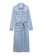 Fashion Denim Lapel Long Dress with Belt - Trendy Mix