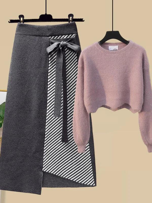 Women Autumn Winter Warm Knitted Two Pieces Sets Korean Long Sleeve Pullover Sweater Top And High Waist Skirts Sets