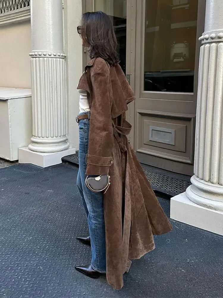 Women Khaki Faux Leather Long Coat With Belt Fashion Double-breasted Lapel Oversize Overcoat Autumn