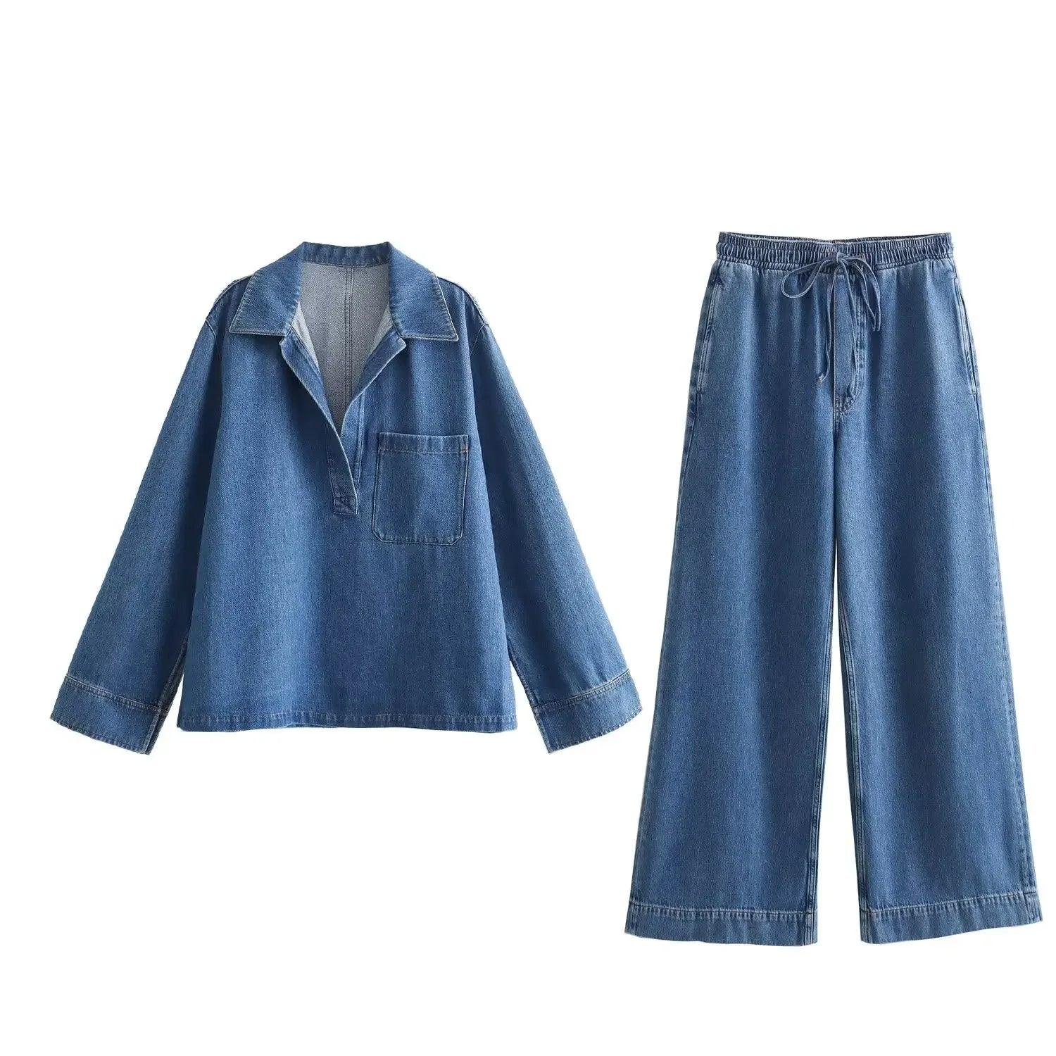 Chic Denim 2-Piece Suit Set - Trendy Mix