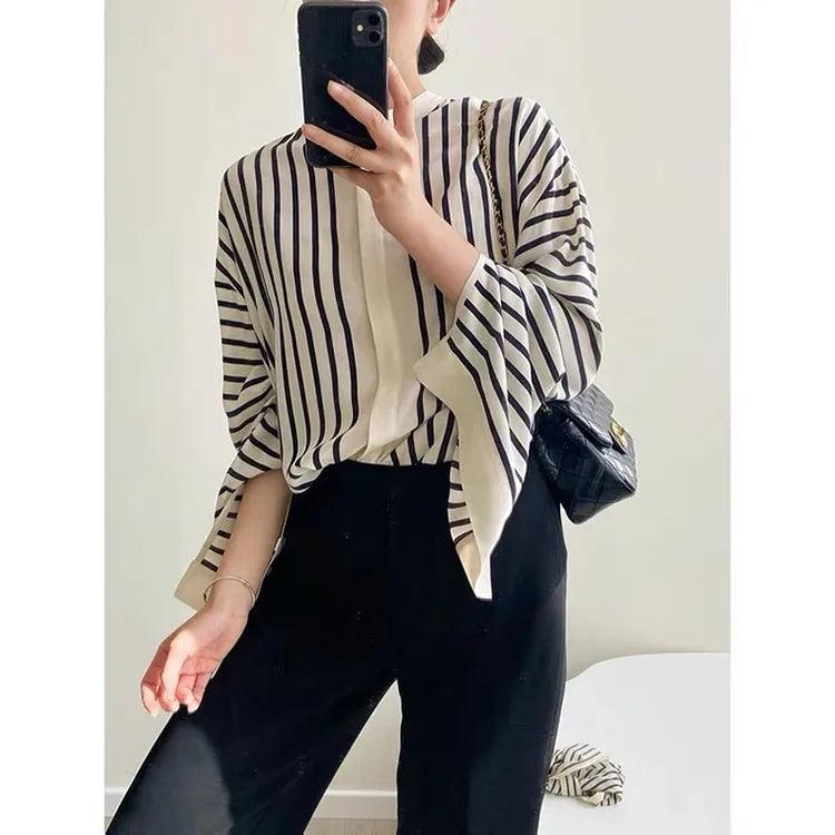 Early Autumn 2024 New Stripe Printing Silk Loose Shirt - Trendy Mix