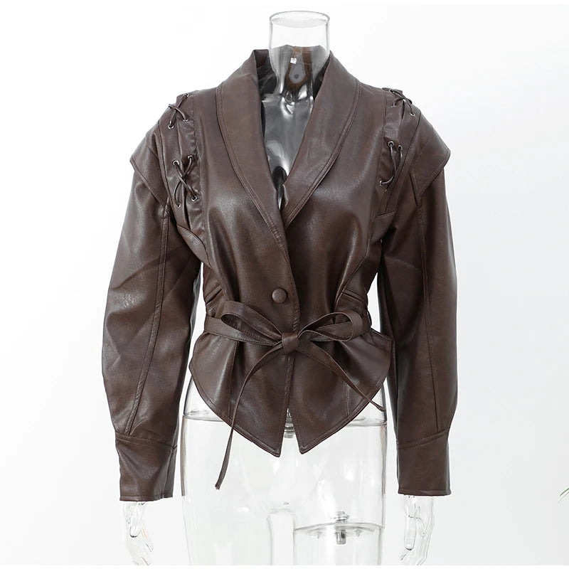 2024 Lace-Up Lapel Leather Jacket with Pockets