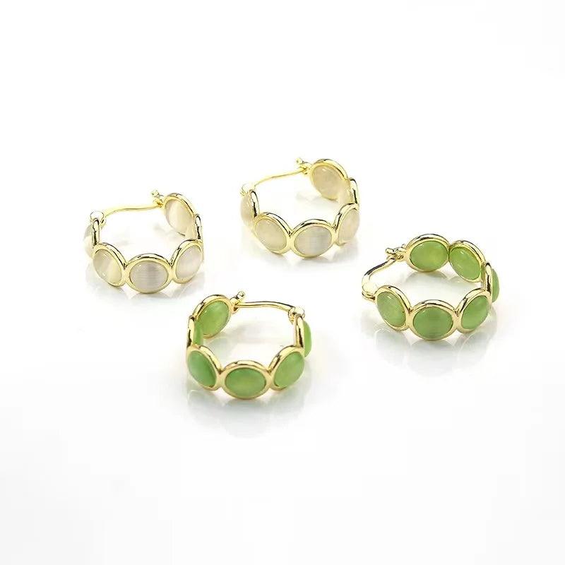 Design Sense White and Green Opals Round Hoop Earrings - Trendy Mix