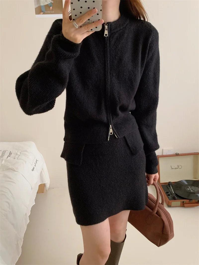 Double Zipper Sweater & High-Waisted Skirt Set