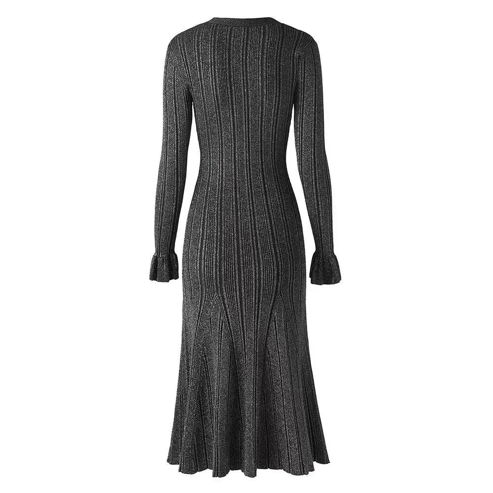 V-Neck Knit Slim Long Dress