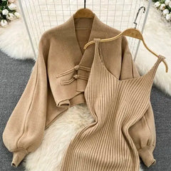 Solid Color Knitwear Set Lace up New Chinese Knitted Cardigan Women Sweater Coat Camisole Dress Two Piece Set Women Outfits