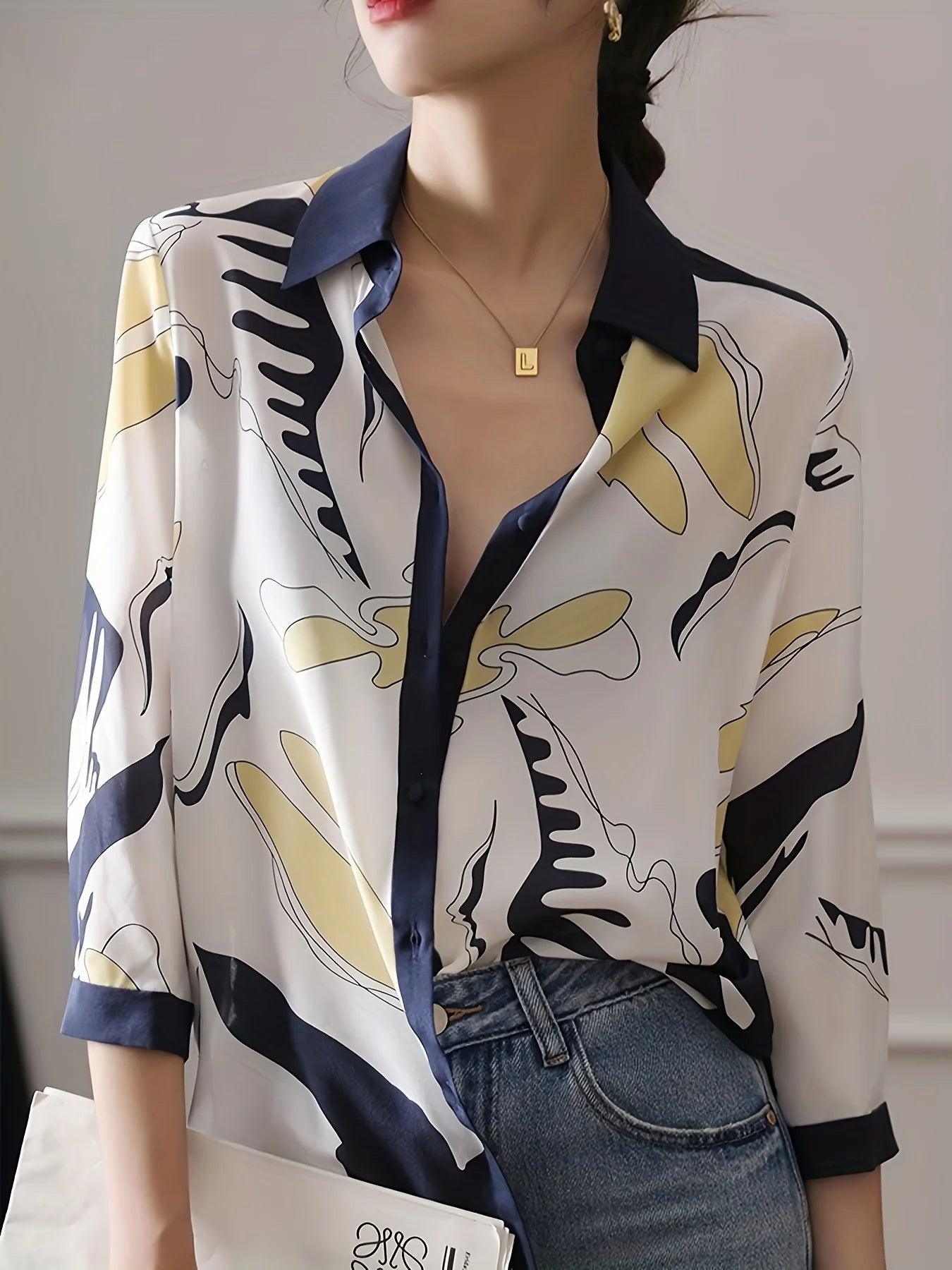 Chic Parisian Luxe Printed Chiffon Blouse - Casual Half Sleeve Top - Trendy Mix