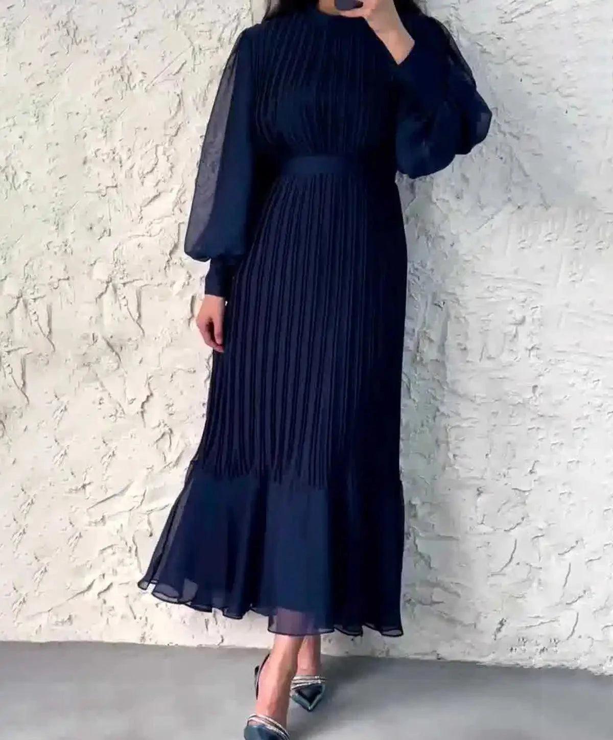 Women Evening Dress Long Lantern Sleeves Pleated Dress See-through Mesh Stand Collar Tight Waist Ruffle Patchwork Maxi Dress