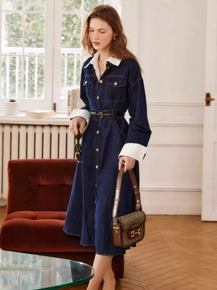 French Retro Blue Denim Lapel Dress