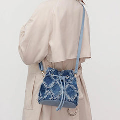 Trendy Denim Bucket Bag with Tassel Detailing - Trendy Mix