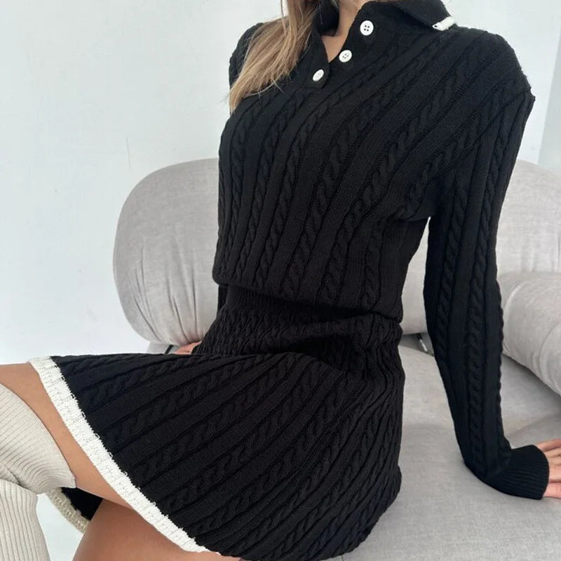 Women Soft Knitting Skirt Sets Solid Turn Down Collar Long Sleeve Pullover Sweater+High Waist A-Line Half Skirt 2pcs Autumn Set