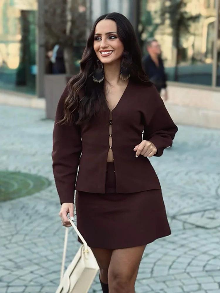 V-Neck Cardigan & High-Waist Mini Skirt Set