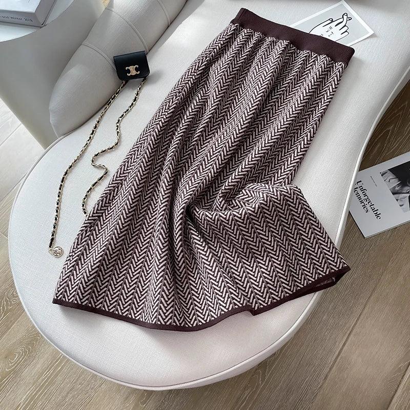 Vintage Women O Neck Knitted Two Piece Set Autumn Winter Striped Thick Long Sleeve Sweater + High Quality A Line Midi Skirt Suit