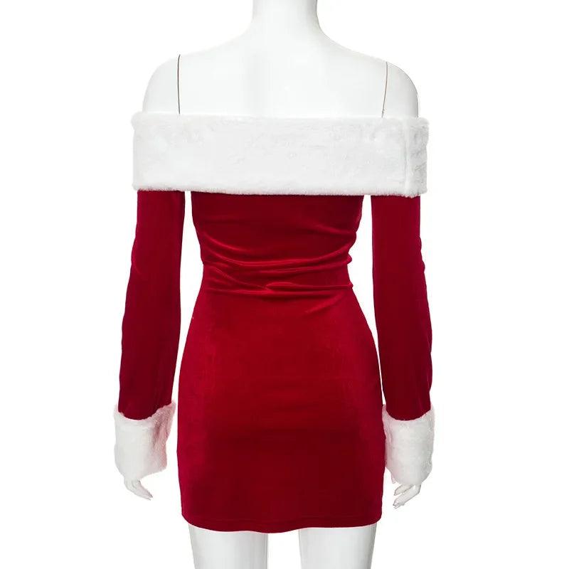 Winter Christmas Glam Faux Fur Off-Shoulder Mini Dress - Trendy Mix