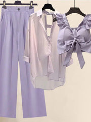 Women Summer Purple 3 Pieces Set Fashion Short Vest+long Sleeve Backless Chiffon Sunscreen Blouse+wide Leg Long Pants Sets - Trendy Mix