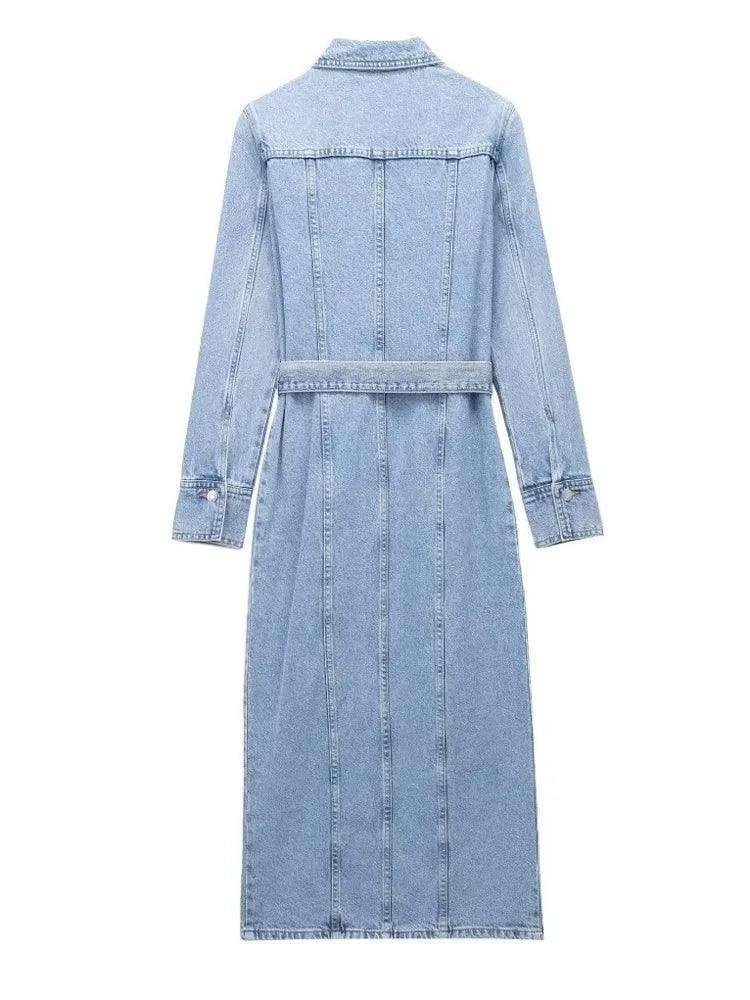 Fashion Denim Lapel Long Dress with Belt - Trendy Mix