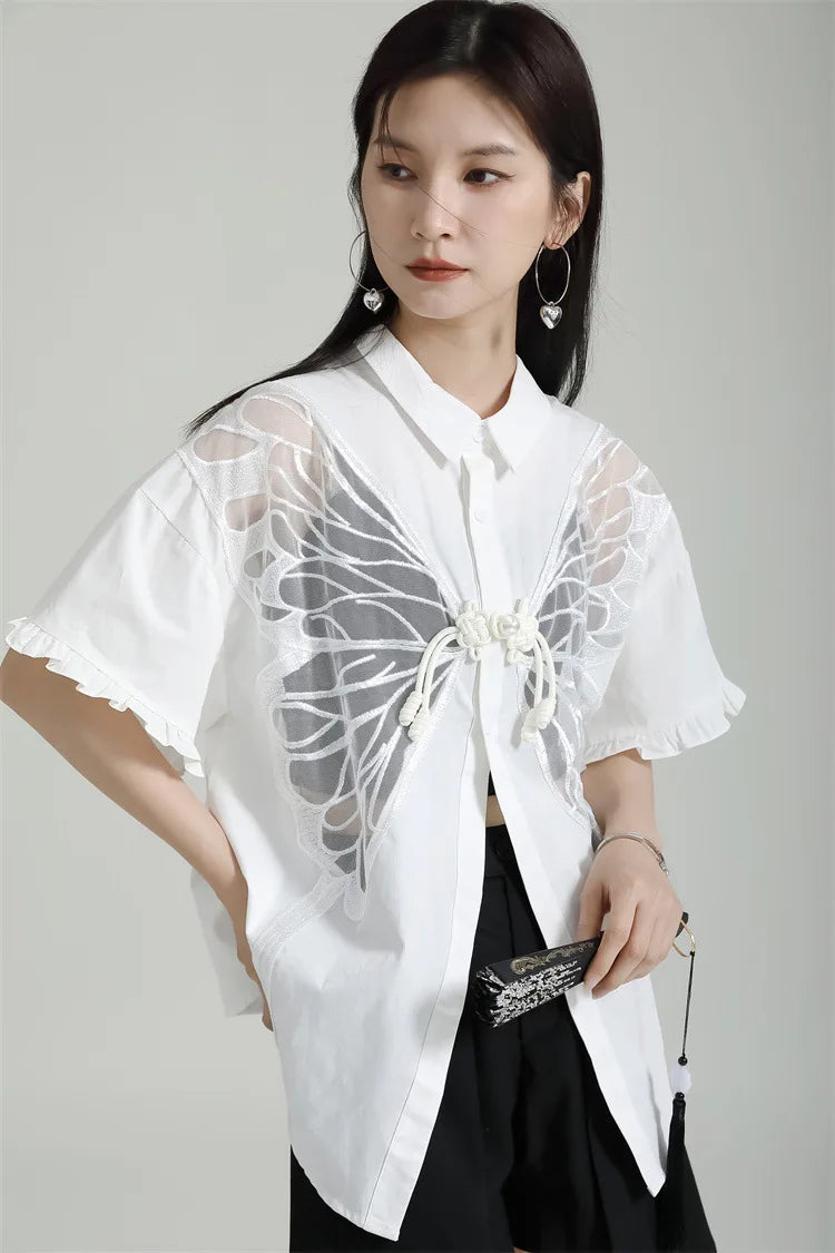 A Butterfly White Short Sleeved Shirt On Both Sides For Women's 2024 Summer New Design With Sense Of Niche Fashion