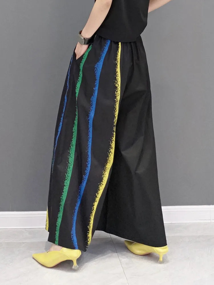 Women Black Striped Color-block Wide Leg Pants High Elastic Waist New Loose Trousers Fashion Spring Autumn 2024