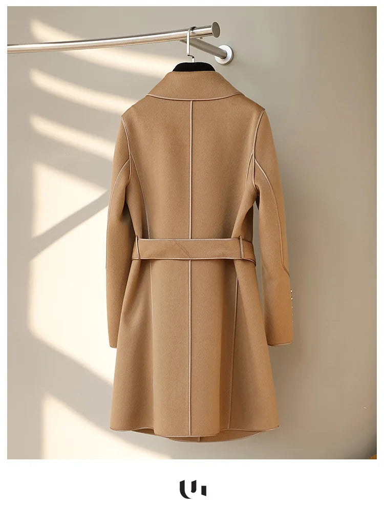 2024 Winter New Wool Coats For Women Lapel Long Sleeves Belt Coats Office Lady Fashion