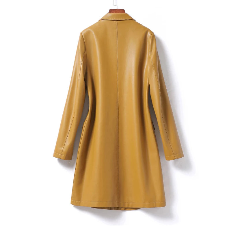 Real Leather Trench Coat Women Midi-length Sheepskin Outwear 2024 Fall Winter Blazer Collar Single Button Ladies Lambskin Trench