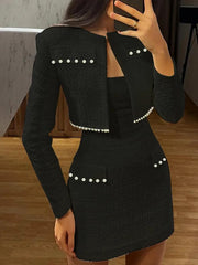 Pearl Dress Sets Long Sleeve Coat And Mini Dress Two Piece Sets -Sexy Strapless Dress Matching Sets - Trendy Mix