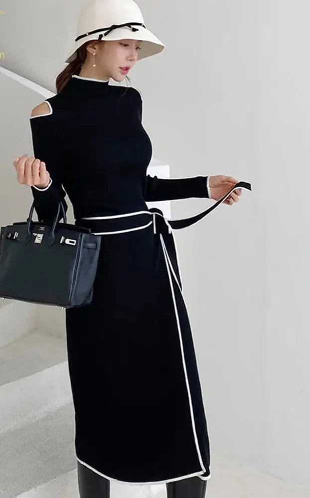 Autumn Elegant OL Lace up Strapless Elastic Knit Pullover Sweater Long Dress Black Sheath Pencil Knitted Dresses