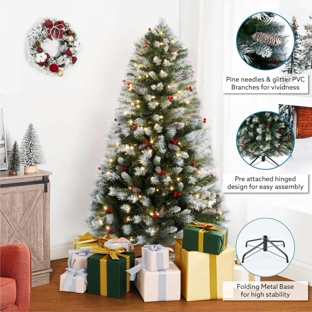 Frosted Prelit Artificial Christmas Tree with Pine Cones, Faux Berries, Foot Pedal, 1346 Branch Tips, 550 Warm Lights