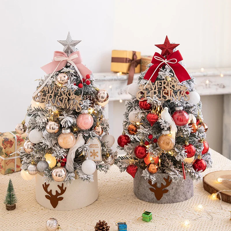 45/60cm Mini Christmas Tree With Lights DIY Desktop Golden Red Christmas Decorations 2024 New Year Home Party Windows Ornaments